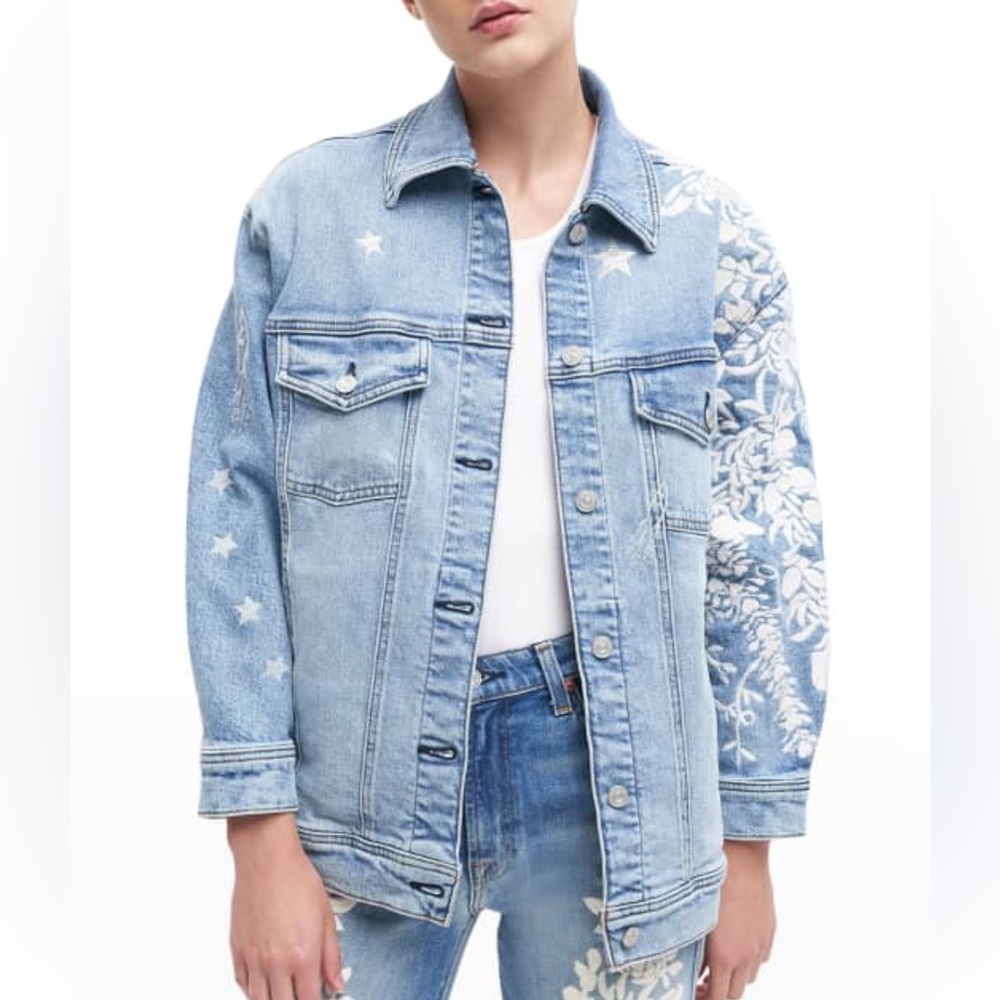 7 For All Mankind Blue Denim Embroidered Jacket Size XS